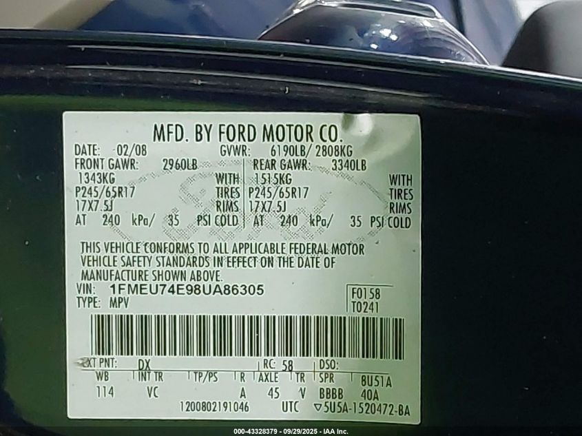 2008 Ford Explorer Eddie Bauer VIN: 1FMEU74E98UA86305 Lot: 43328379