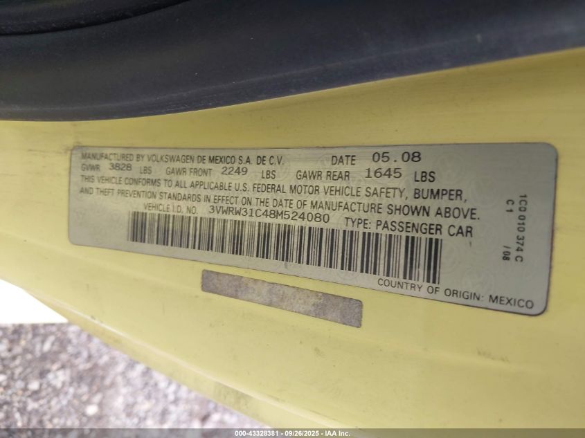2008 Volkswagen New Beetle S/Se VIN: 3VWRW31C48M524080 Lot: 43328381