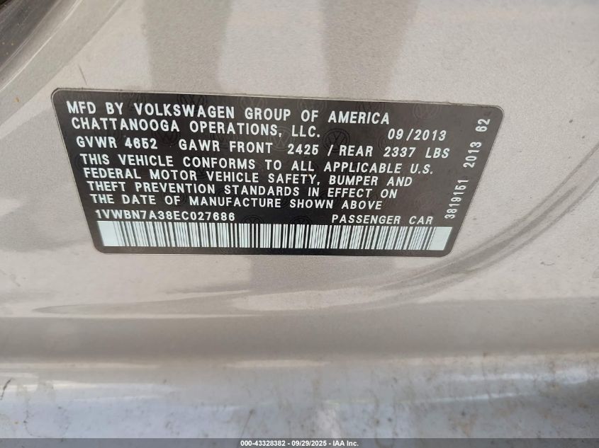2014 Volkswagen Passat 2.0L Tdi Se VIN: 1VWBN7A38EC027686 Lot: 43328382