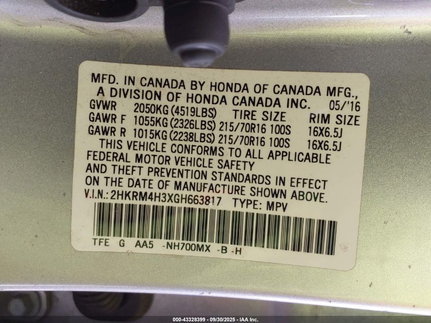 2016 Honda Cr-V Lx VIN: 2HKRM4H3XGH663817 Lot: 43328399