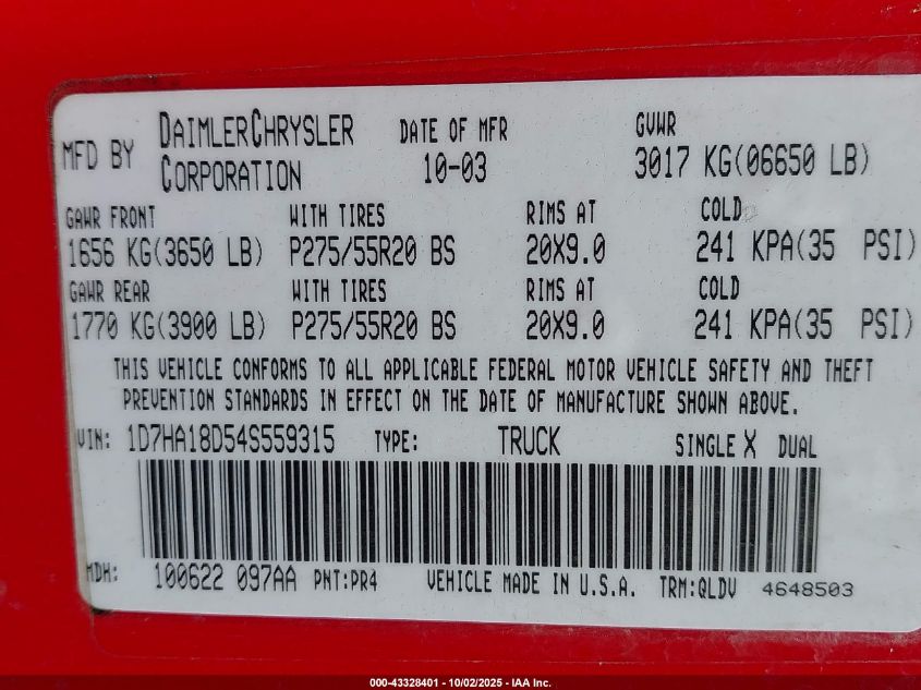 2004 Dodge Ram 1500 Slt/Laramie VIN: 1D7HA18D54S559315 Lot: 43328401