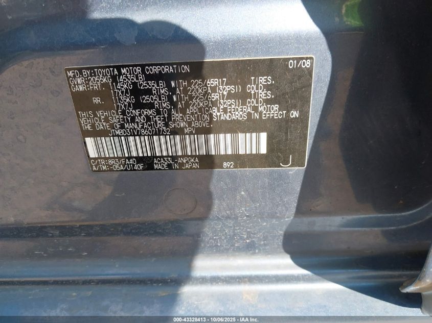 2008 Toyota Rav4 Limited VIN: JTMBD31V786071732 Lot: 43328413