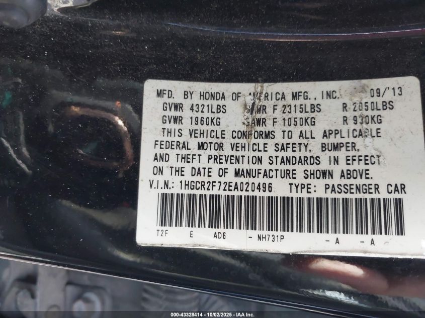 2014 Honda Accord Ex VIN: 1HGCR2F72EA020496 Lot: 43328414
