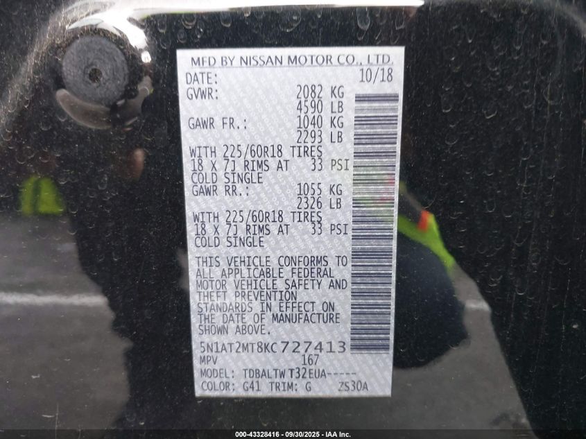 2019 Nissan Rogue Sv VIN: 5N1AT2MT8KC727413 Lot: 43328416