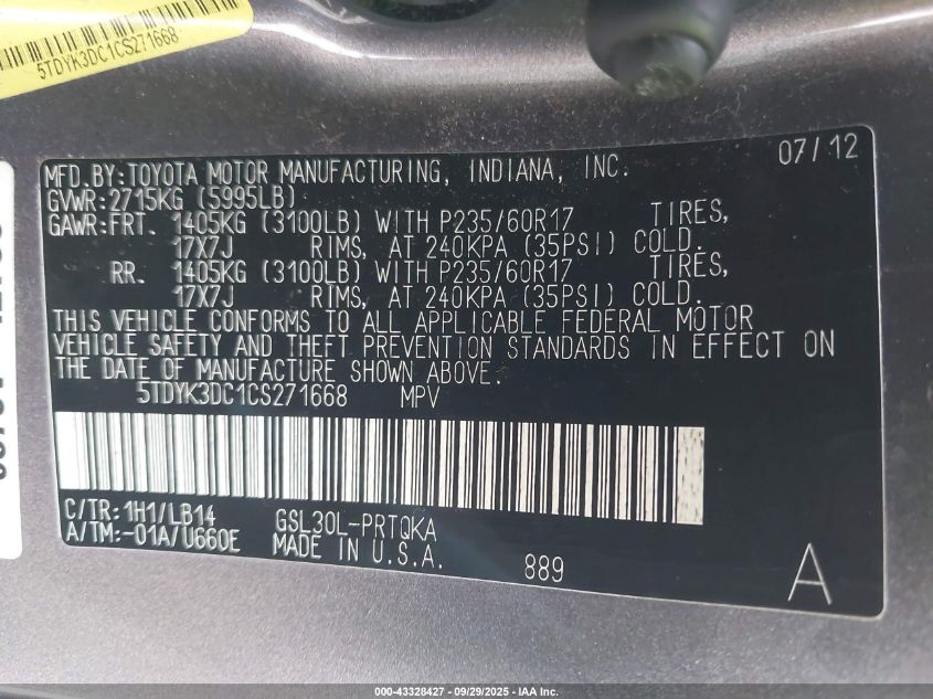 2012 Toyota Sienna Xle V6 8 Passenger VIN: 5TDYK3DC1CS271668 Lot: 43328427