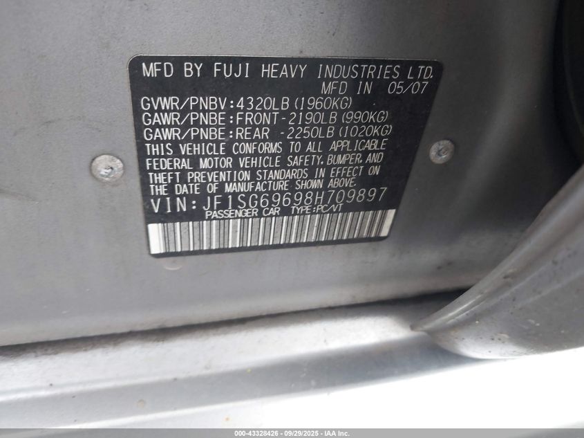 2008 Subaru Forester 2.5Xt Limited VIN: JF1SG69698H709897 Lot: 43328426