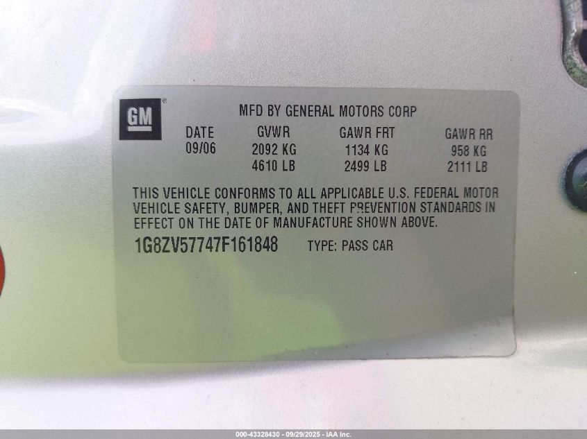 2007 Saturn Aura Xr VIN: 1G8ZV57747F161848 Lot: 43328430