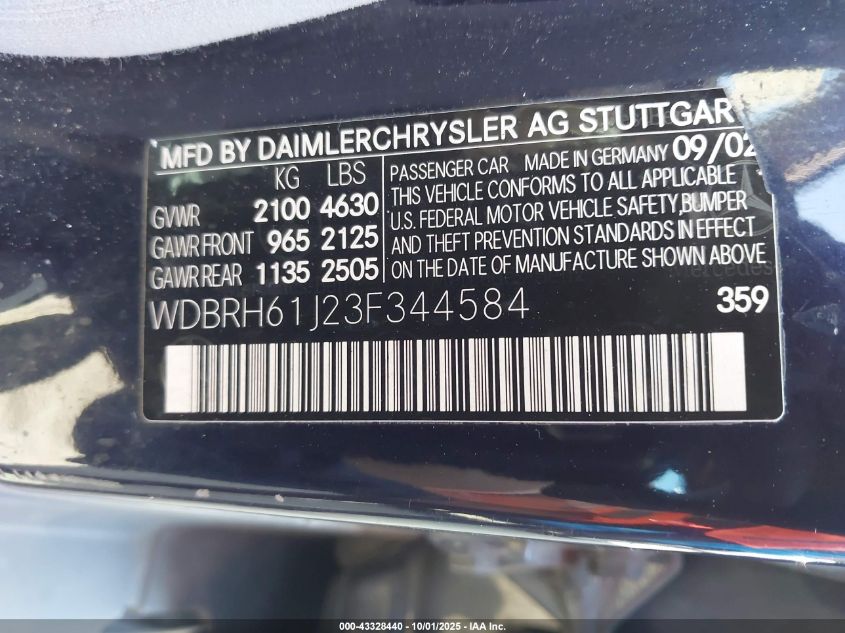 2003 Mercedes-Benz C 240 VIN: WDBRH61J23F344584 Lot: 43328440