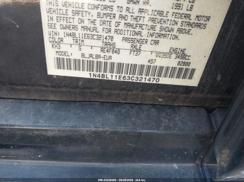 2003 Nissan Altima 3.5 Se VIN: 1N4BL11E63C321470 Lot: 43328450