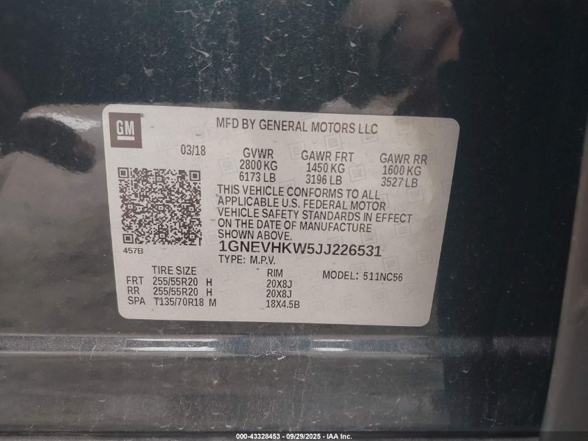 2018 Chevrolet Traverse 3Lt VIN: 1GNEVHKW5JJ226531 Lot: 43328453