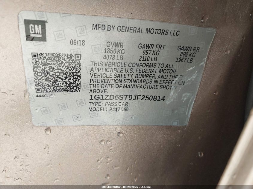 2018 Chevrolet Malibu Lt VIN: 1G1ZD5ST9JF250814 Lot: 43328462