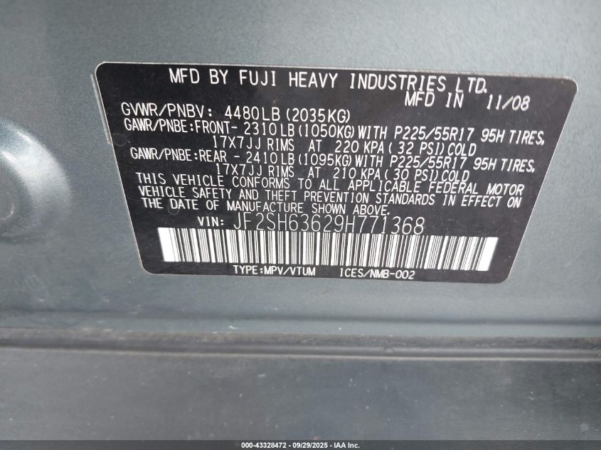 2009 Subaru Forester 2.5X VIN: JF2SH63629H771368 Lot: 43328472