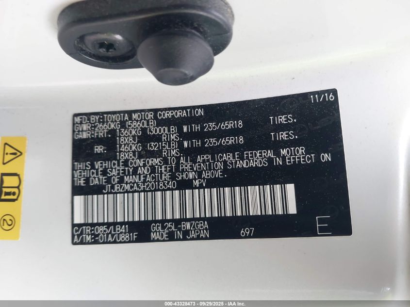 2017 Lexus Rx 350 VIN: JTJBZMCA3H2018340 Lot: 43328473