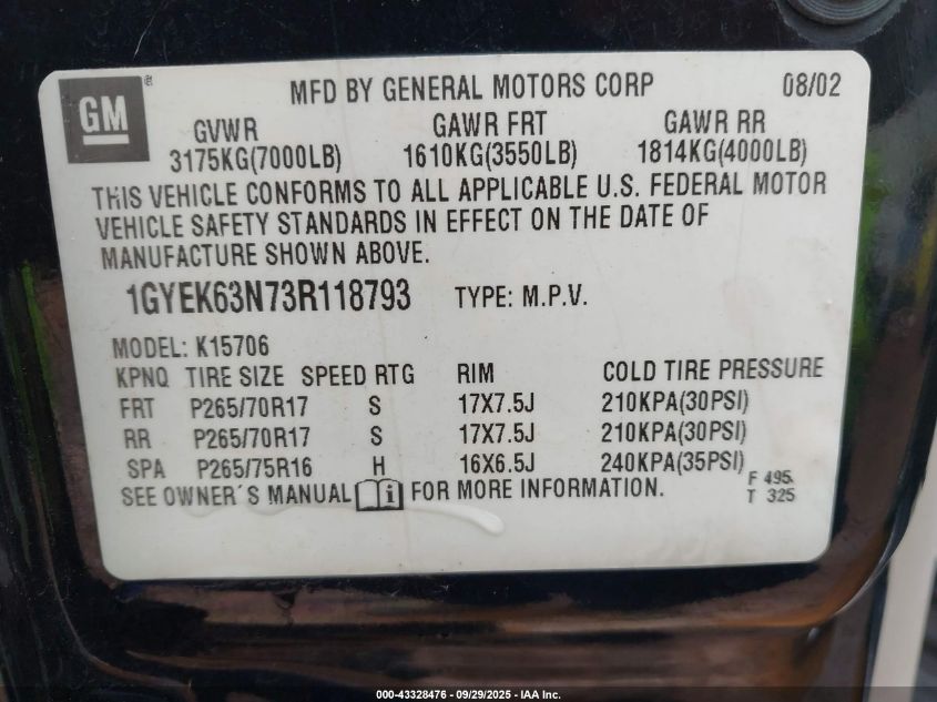 2003 Cadillac Escalade Standard VIN: 1GYEK63N73R118793 Lot: 43328476