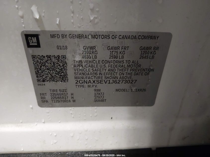 2018 Chevrolet Equinox Lt VIN: 2GNAXSEV1J6273027 Lot: 43328479