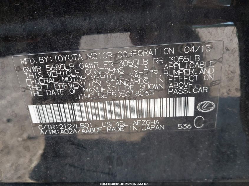 2013 Lexus Ls 460 VIN: JTHCL5EF5D5018063 Lot: 43328492