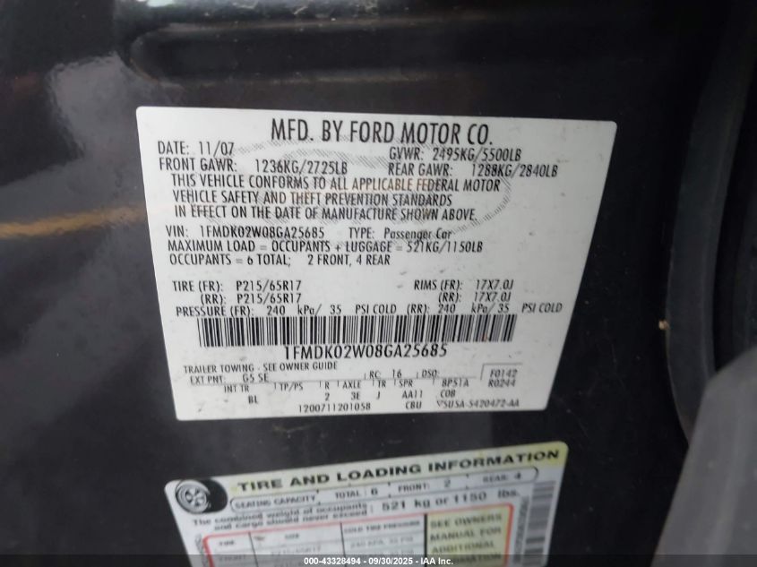 2008 Ford Taurus X Sel VIN: 1FMDK02W08GA25685 Lot: 43328494