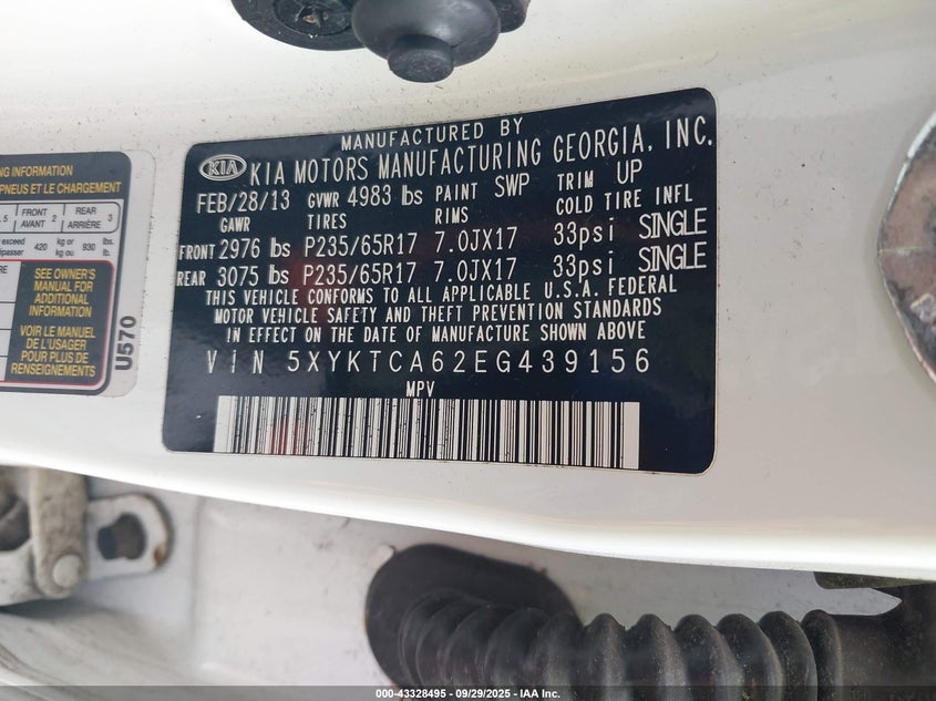 2014 Kia Sorento Lx VIN: 5XYKTCA62EG439156 Lot: 43328495