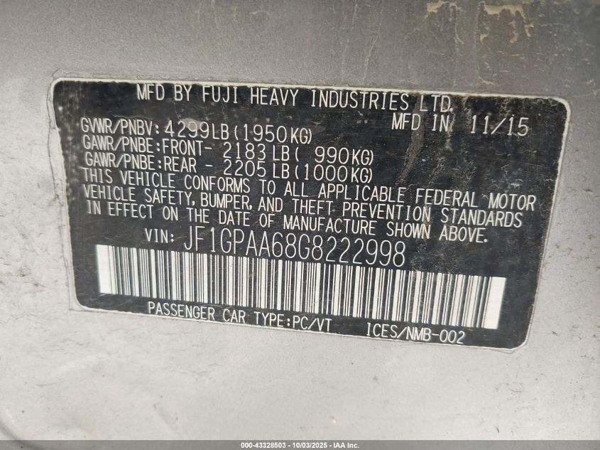 2016 Subaru Impreza 2.0I VIN: JF1GPAA68G8222998 Lot: 43328503