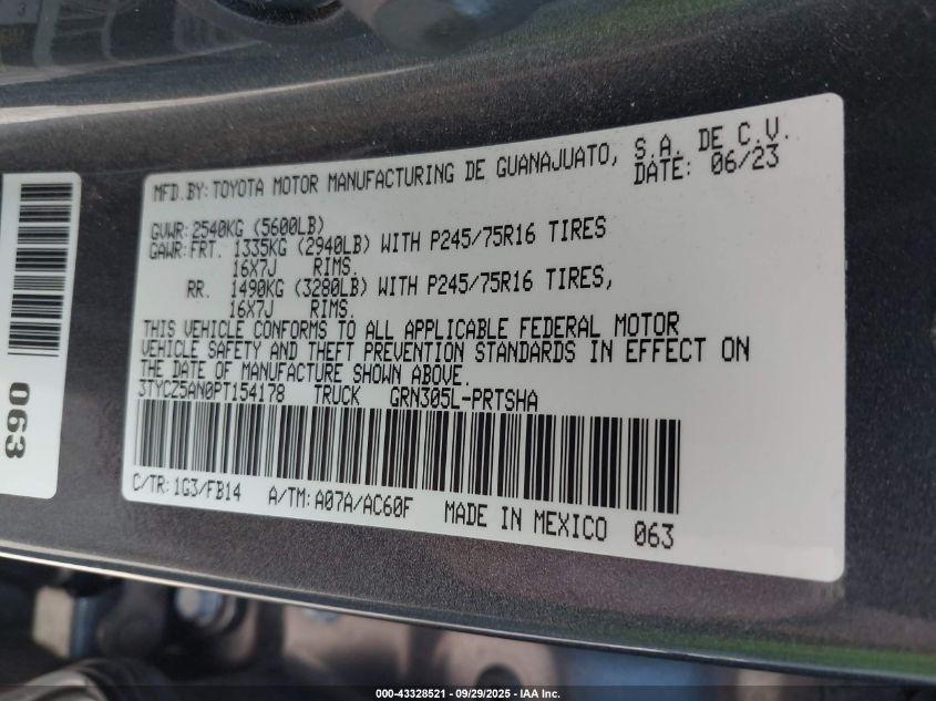 2023 Toyota Tacoma Sr V6 VIN: 3TYCZ5AN0PT154178 Lot: 43328521