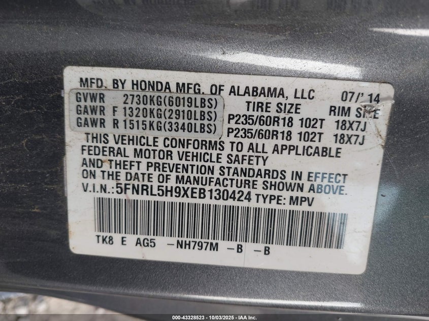 2014 HONDA ODYSSEY TOURING/TOURING ELITE - 5FNRL5H9XEB130424