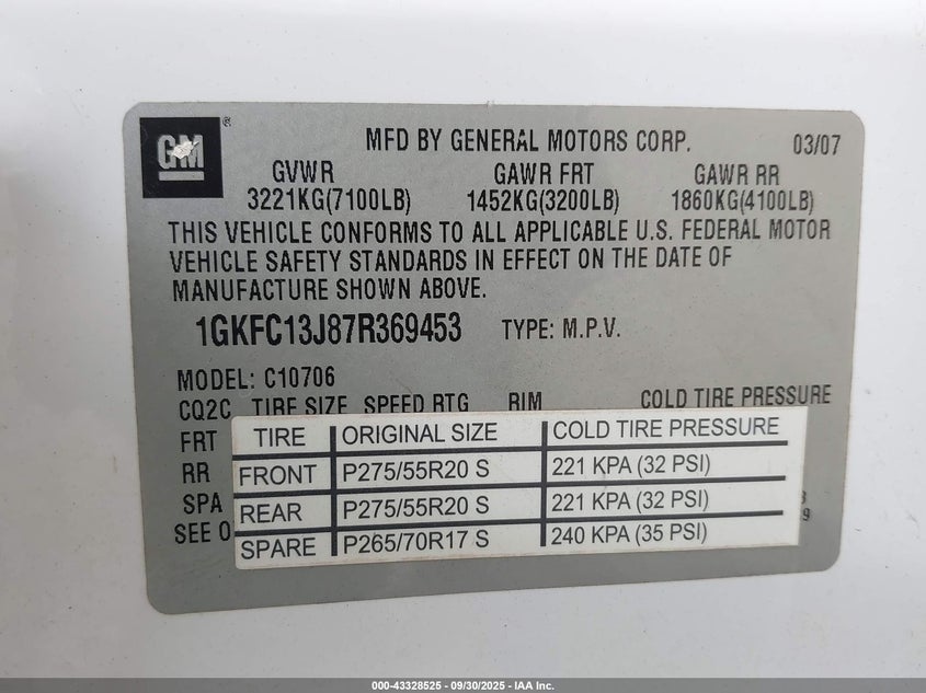 2007 GMC Yukon Slt VIN: 1GKFC13J87R369453 Lot: 43328525