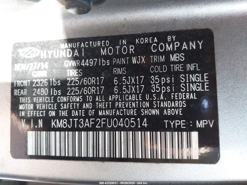 2015 Hyundai Tucson Gls VIN: KM8JT3AF2FU040514 Lot: 43328531
