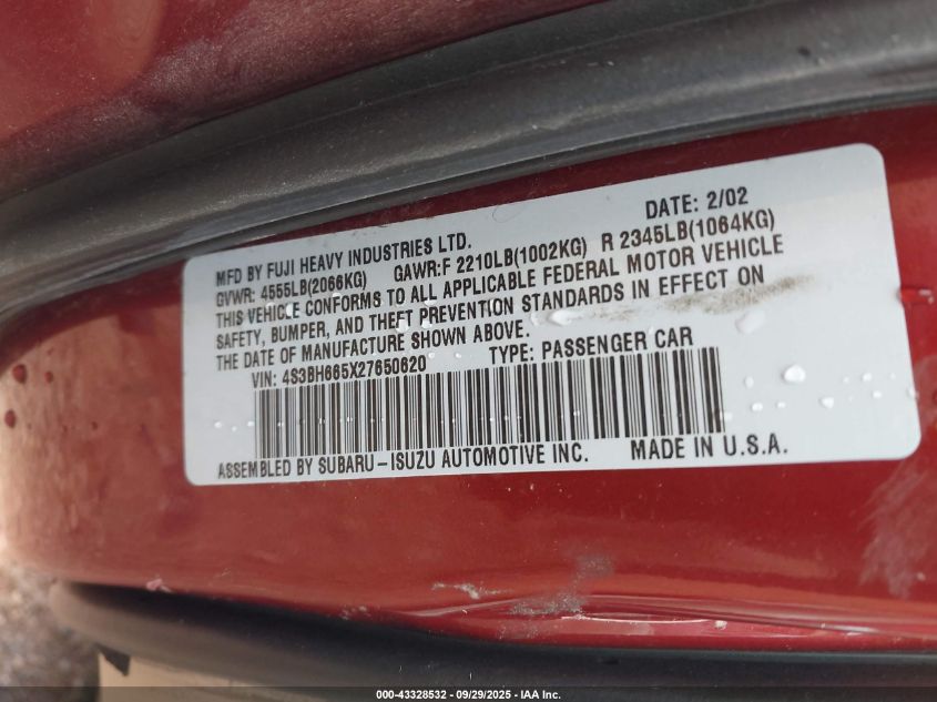 2002 Subaru Outback VIN: 4S3BH665X27650620 Lot: 43328532