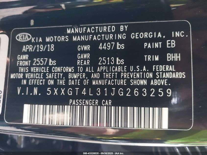 2018 Kia Optima Lx VIN: 5XXGT4L31JG263259 Lot: 43328535