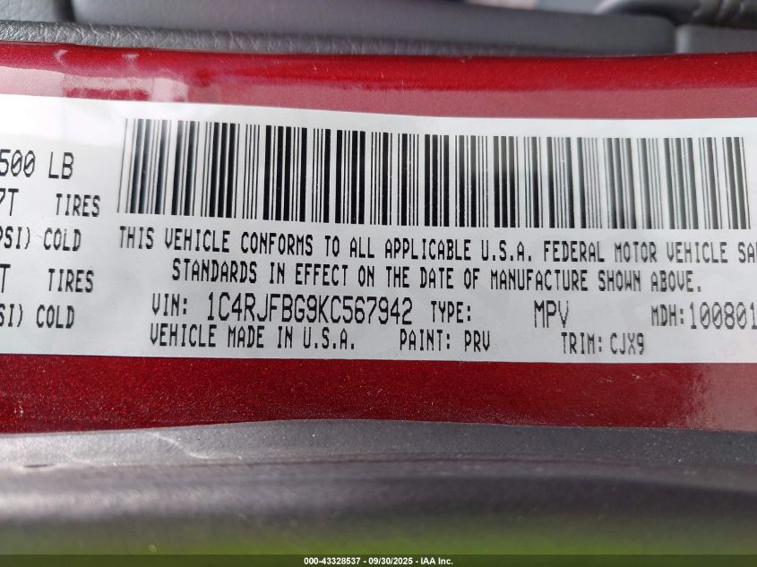 2019 Jeep Grand Cherokee Limited 4X4 VIN: 1C4RJFBG9KC567942 Lot: 43328537