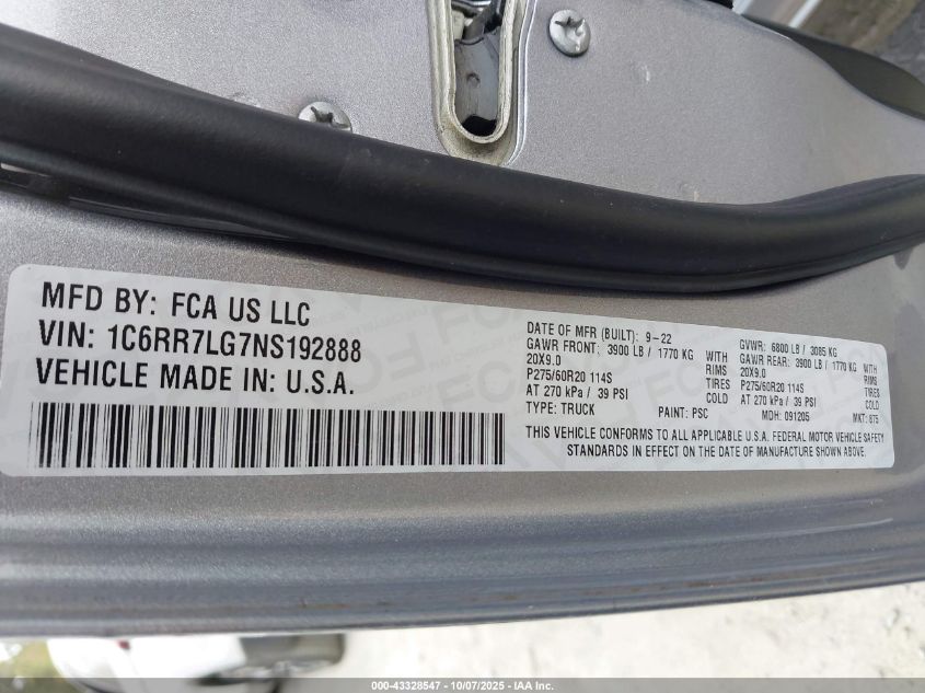 2022 Ram 1500 Classic Warlock 4X4 5'7 Box VIN: 1C6RR7LG7NS192888 Lot: 43328547
