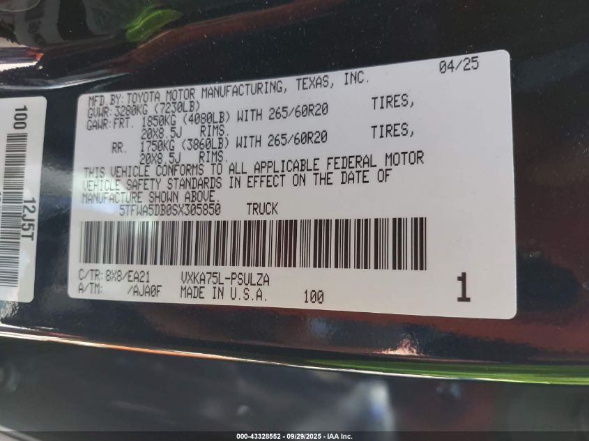 2025 Toyota Tundra Limited 4Wd VIN: 5TFWA5DB0SX305850 Lot: 43328552