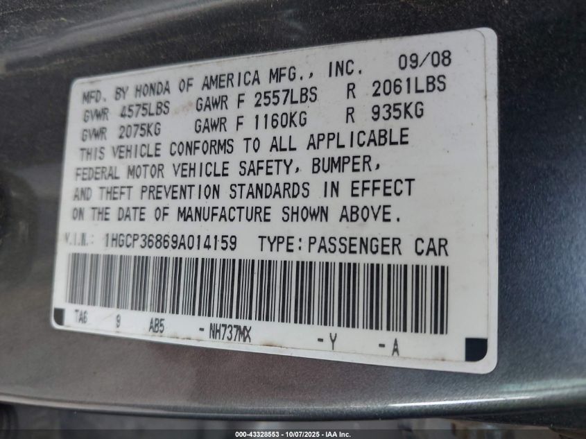 2009 Honda Accord 3.5 Ex-L VIN: 1HGCP36869A014159 Lot: 43328553