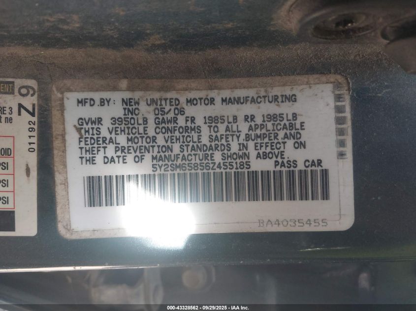 2006 Pontiac Vibe VIN: 5Y2SM65856Z455185 Lot: 43328562