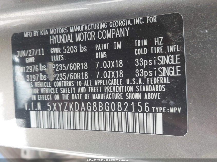 2011 Hyundai Santa Fe Limited V6 VIN: 5XYZKDAGABG082156 Lot: 43328593