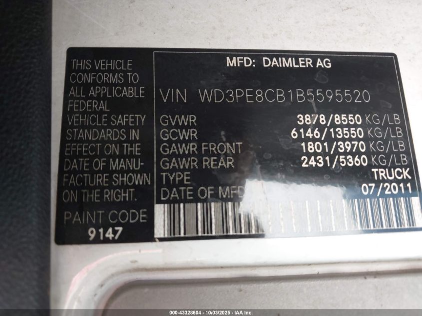 2011 Mercedes-Benz Sprinter 2500 High Roof VIN: WD3PE8CB1B5595520 Lot: 43328604