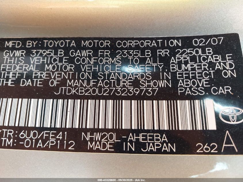 2007 Toyota Prius VIN: JTDKB20U273239737 Lot: 43328608