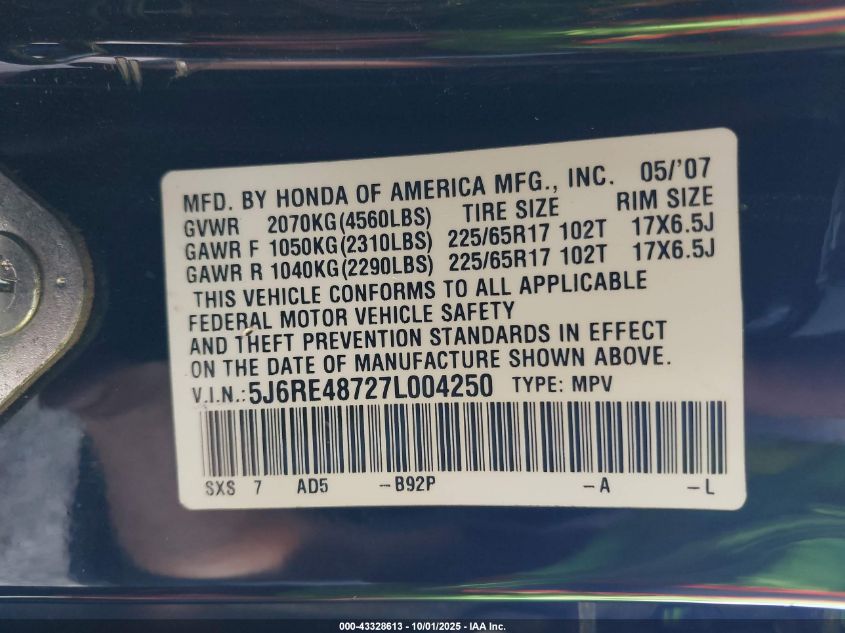 2007 Honda Cr-V Ex-L VIN: 5J6RE48727L004250 Lot: 43328613