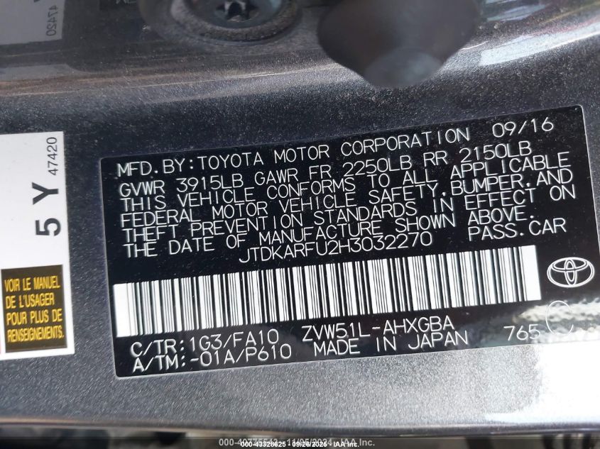 2017 Toyota Prius VIN: JTDKARFU2H3032270 Lot: 43328625