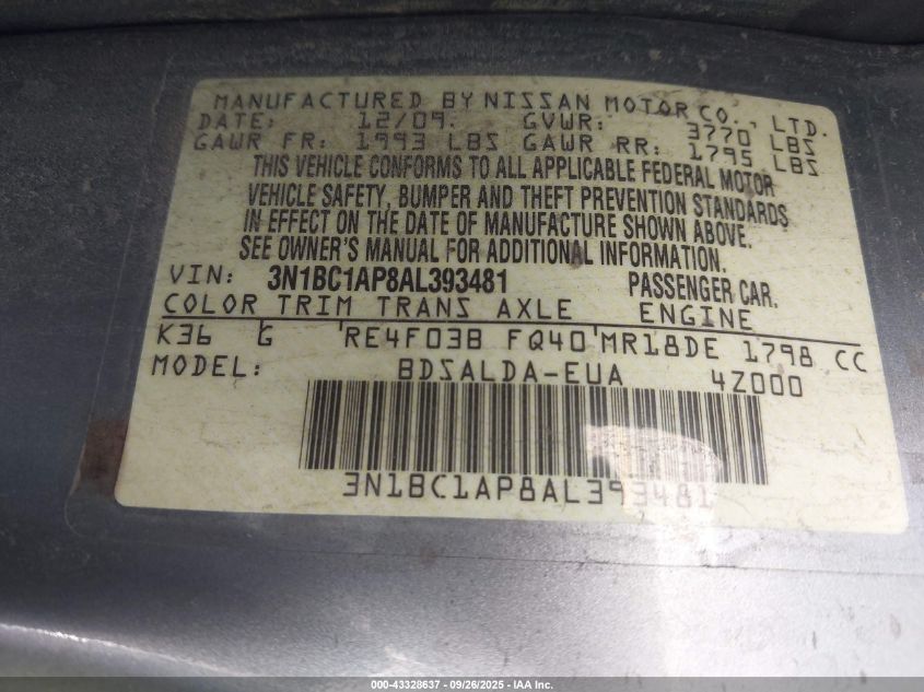 2010 Nissan Versa 1.8S VIN: 3N1BC1AP8AL393481 Lot: 43328637