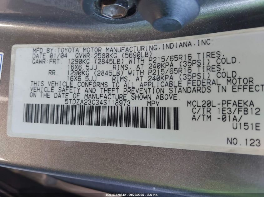 2004 Toyota Sienna Le VIN: 5TDZA23C34S118973 Lot: 43328642