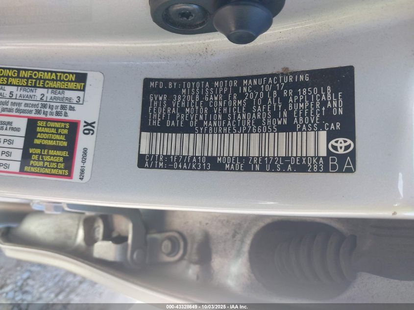 2018 Toyota Corolla L VIN: 5YFBURHE5JP766055 Lot: 43328649