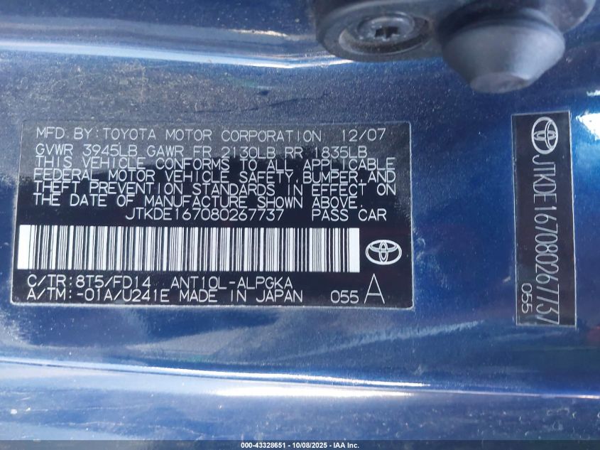 2008 Scion Tc VIN: JTKDE167080267737 Lot: 43328651