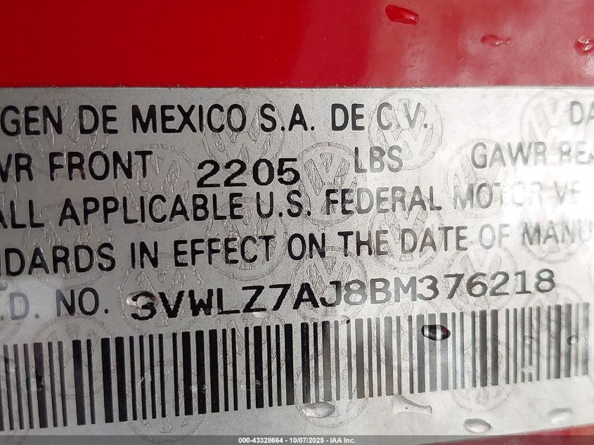 2011 Volkswagen Jetta 2.5L Sel VIN: 3VWLZ7AJ8BM376218 Lot: 43328664