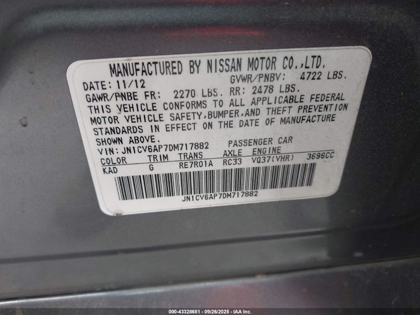 2013 Infiniti G37 Journey VIN: JN1CV6AP7DM717882 Lot: 43328681