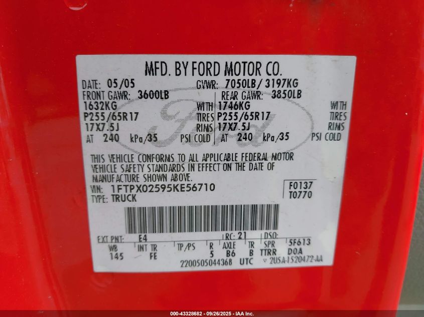 2005 Ford F-150 Xlt VIN: 1FTPX02595KE56710 Lot: 43328682