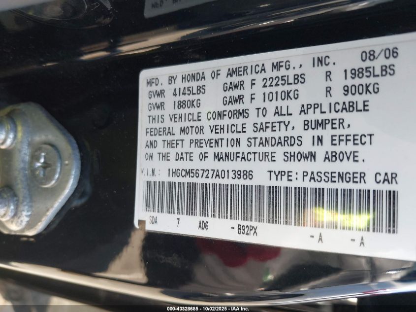 2007 Honda Accord 2.4 Ex VIN: 1HGCM56727A013986 Lot: 43328685