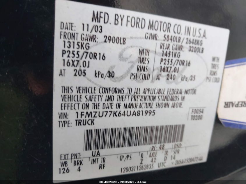 2004 Ford Explorer Sport Trac Adrenalin/Xls/Xlt VIN: 1FMZU77K64UA81995 Lot: 43328695