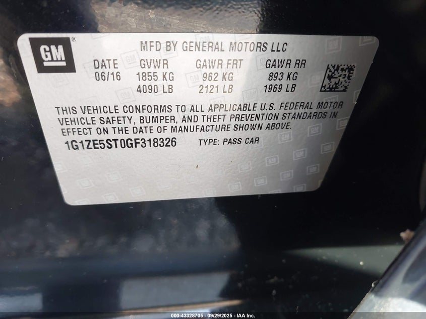2016 Chevrolet Malibu 1Lt VIN: 1G1ZE5ST0GF318326 Lot: 43328705