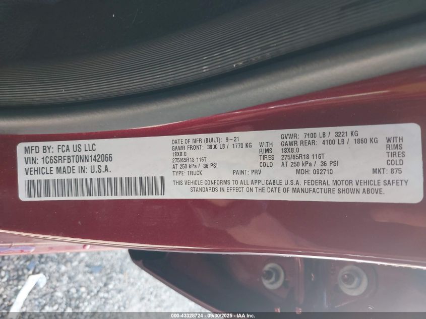 2022 Ram 1500 Big Horn 4X4 6'4 Box VIN: 1C6SRFBT0NN142066 Lot: 43328724